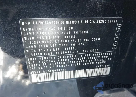 2024 Volkswagen Taos 1.5T S из США, поврежденный, VIN 3VV8X7B27RM080298